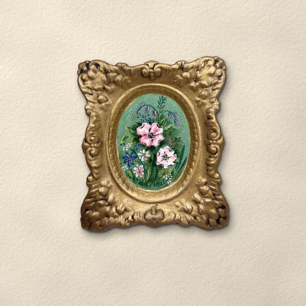 Vintage Miniature Floral Painting Ornate Gold Frame Hand Painted Cottagecore